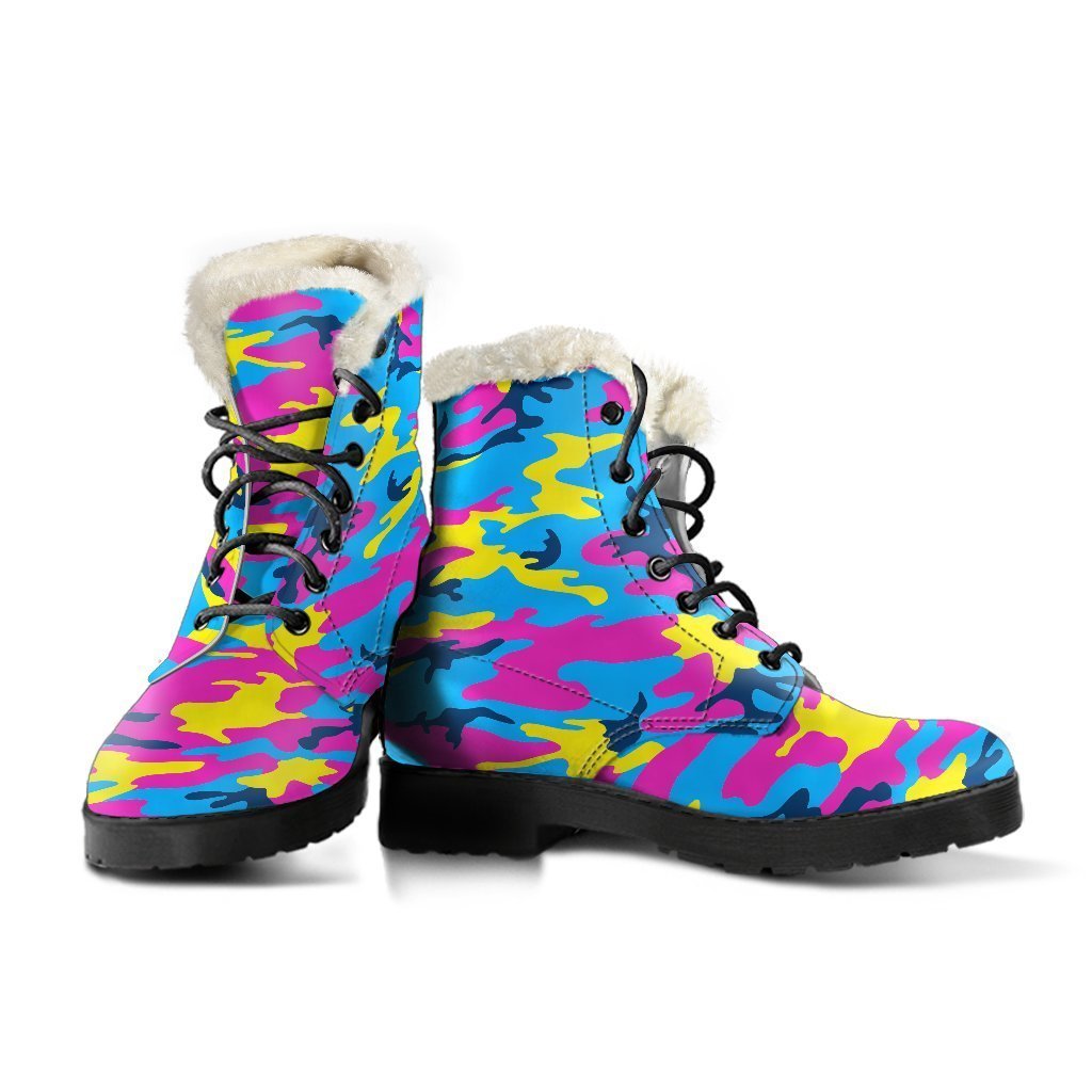 Neon Camouflage Faux Fur Leather Boots: Fashion for the Free-Spirited Hippie - 3