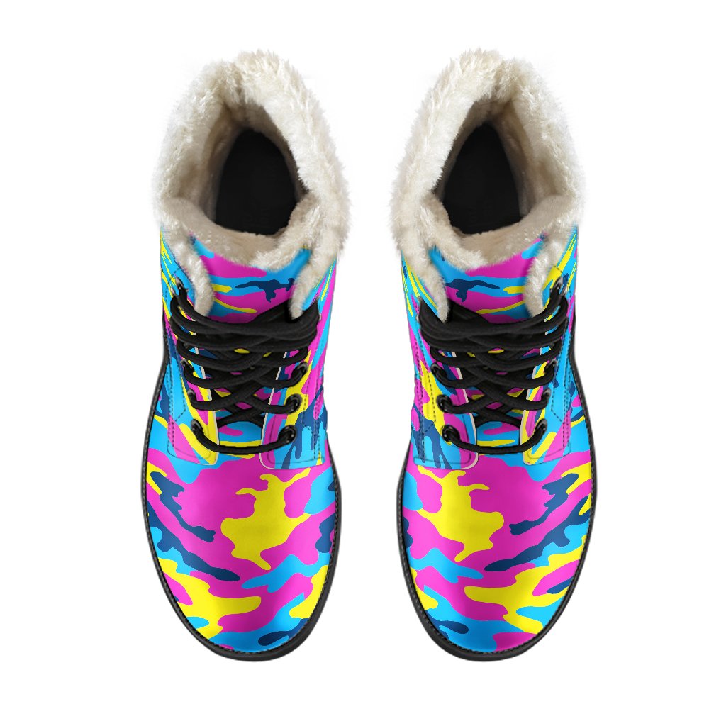 Neon Camouflage Faux Fur Leather Boots: Fashion for the Free-Spirited Hippie - 4