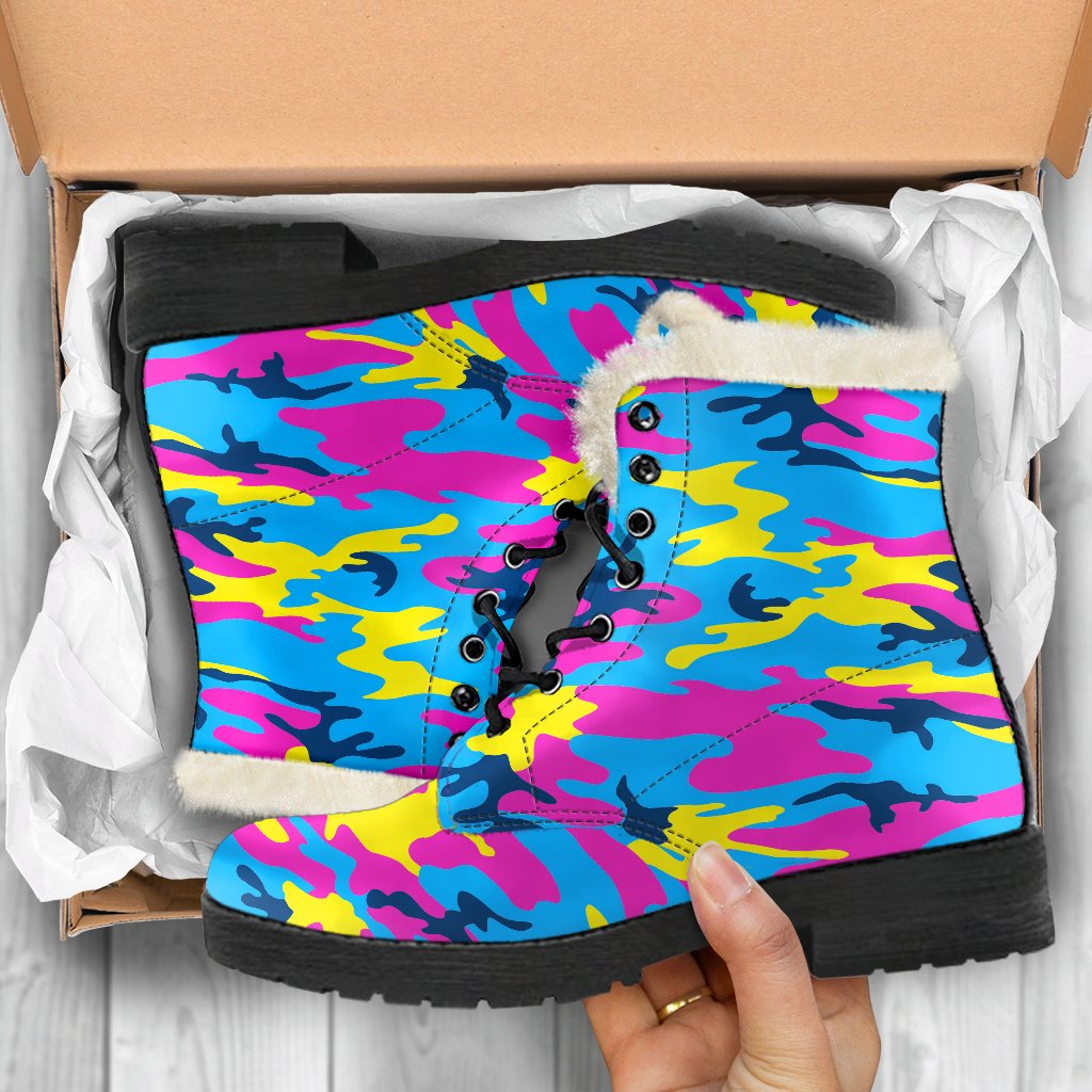 Neon Camouflage Faux Fur Leather Boots: Fashion for the Free-Spirited Hippie - 5