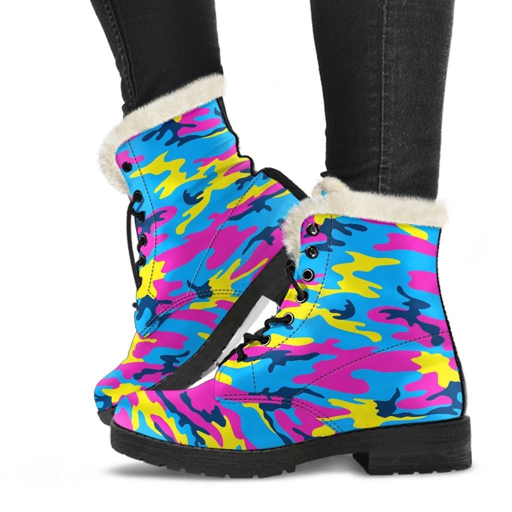 Neon Camouflage Faux Fur Leather Boots: Fashion for the Free-Spirited Hippie - 1