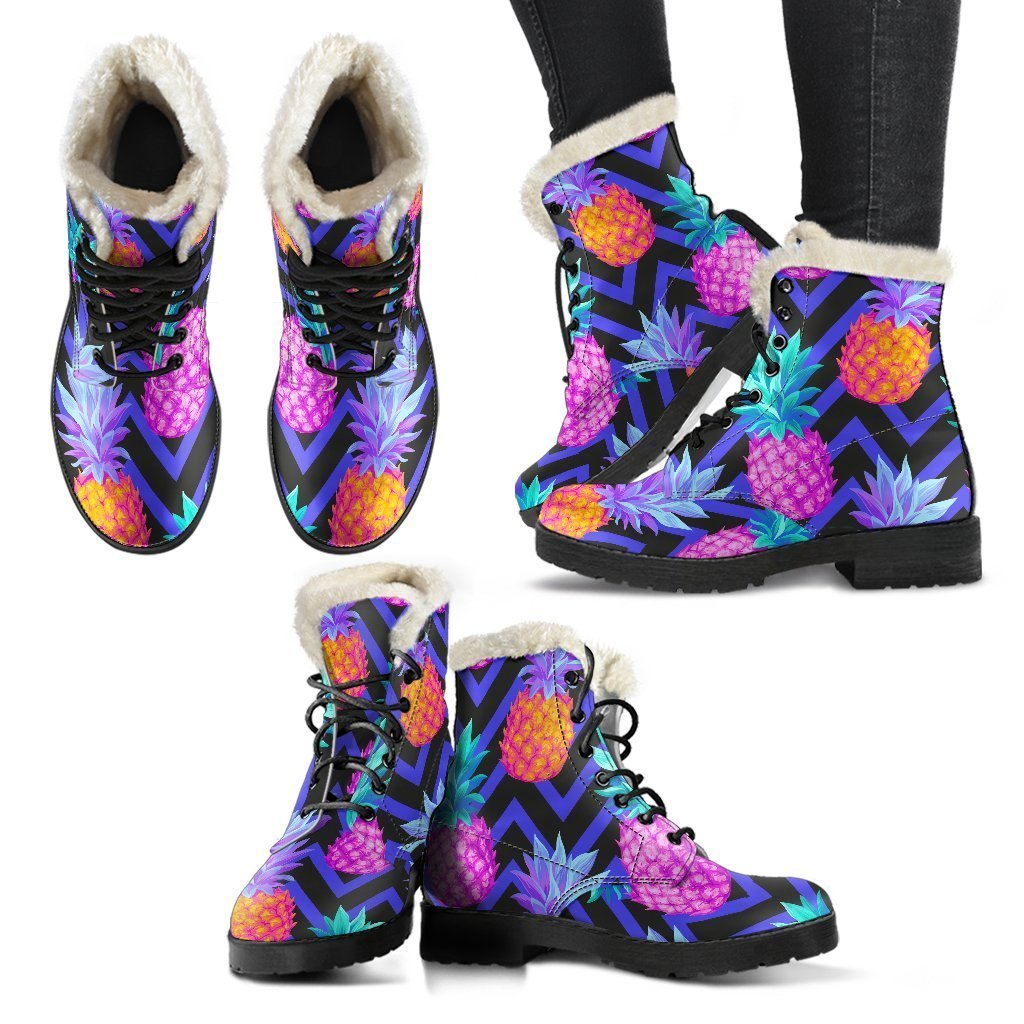 Groovy Vibes: Neon EDM Zig Zag Pineapple Faux Fur Leather Boots for Stylish Hippies - 2