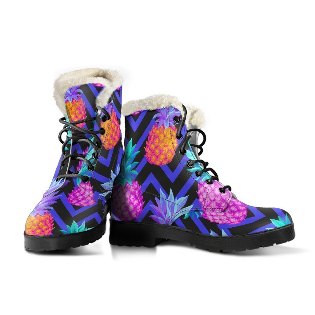 Groovy Vibes: Neon EDM Zig Zag Pineapple Faux Fur Leather Boots for Stylish Hippies - 3