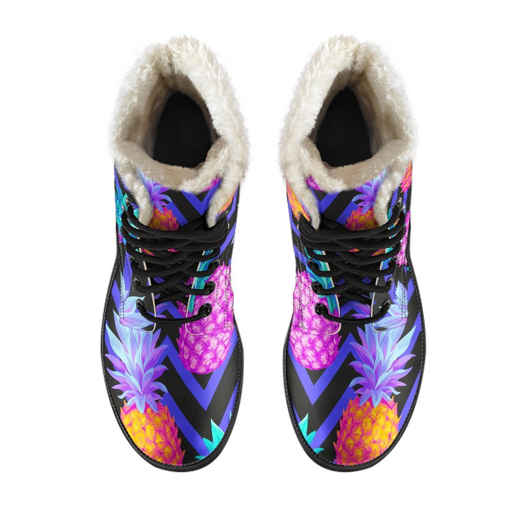 Groovy Vibes: Neon EDM Zig Zag Pineapple Faux Fur Leather Boots for Stylish Hippies - 4