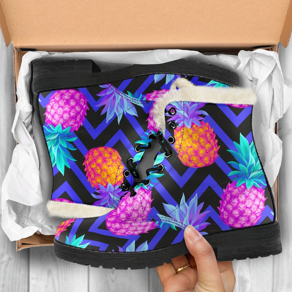 Groovy Vibes: Neon EDM Zig Zag Pineapple Faux Fur Leather Boots for Stylish Hippies - 5