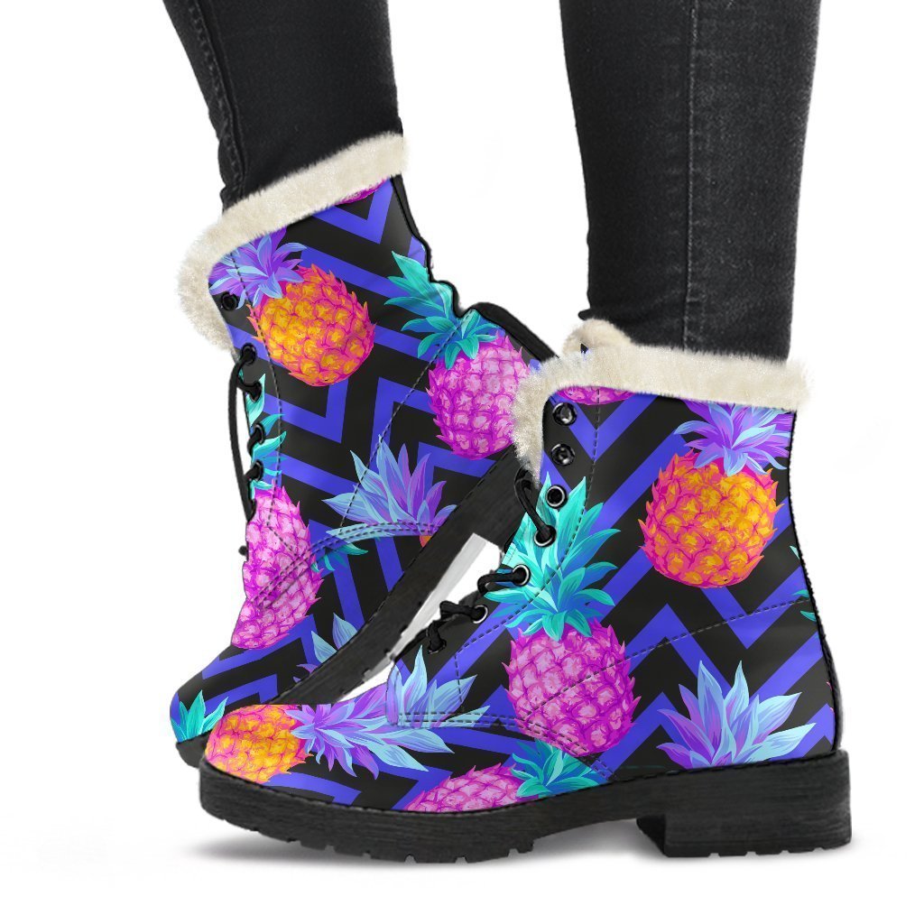 Groovy Vibes: Neon EDM Zig Zag Pineapple Faux Fur Leather Boots for Stylish Hippies - 1