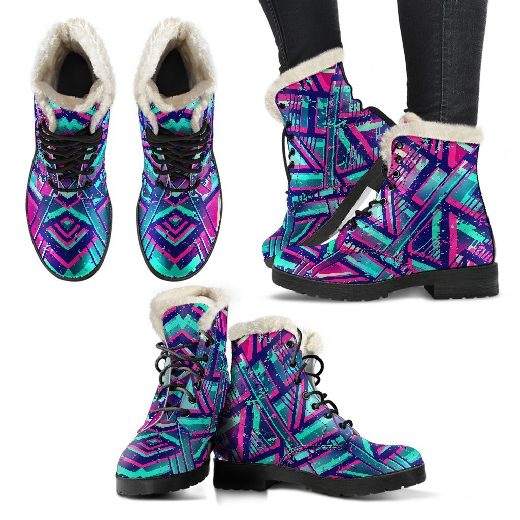 Boho Chic: Neon Ethnic Aztec Trippy Print Faux Fur Leather Boots - 2