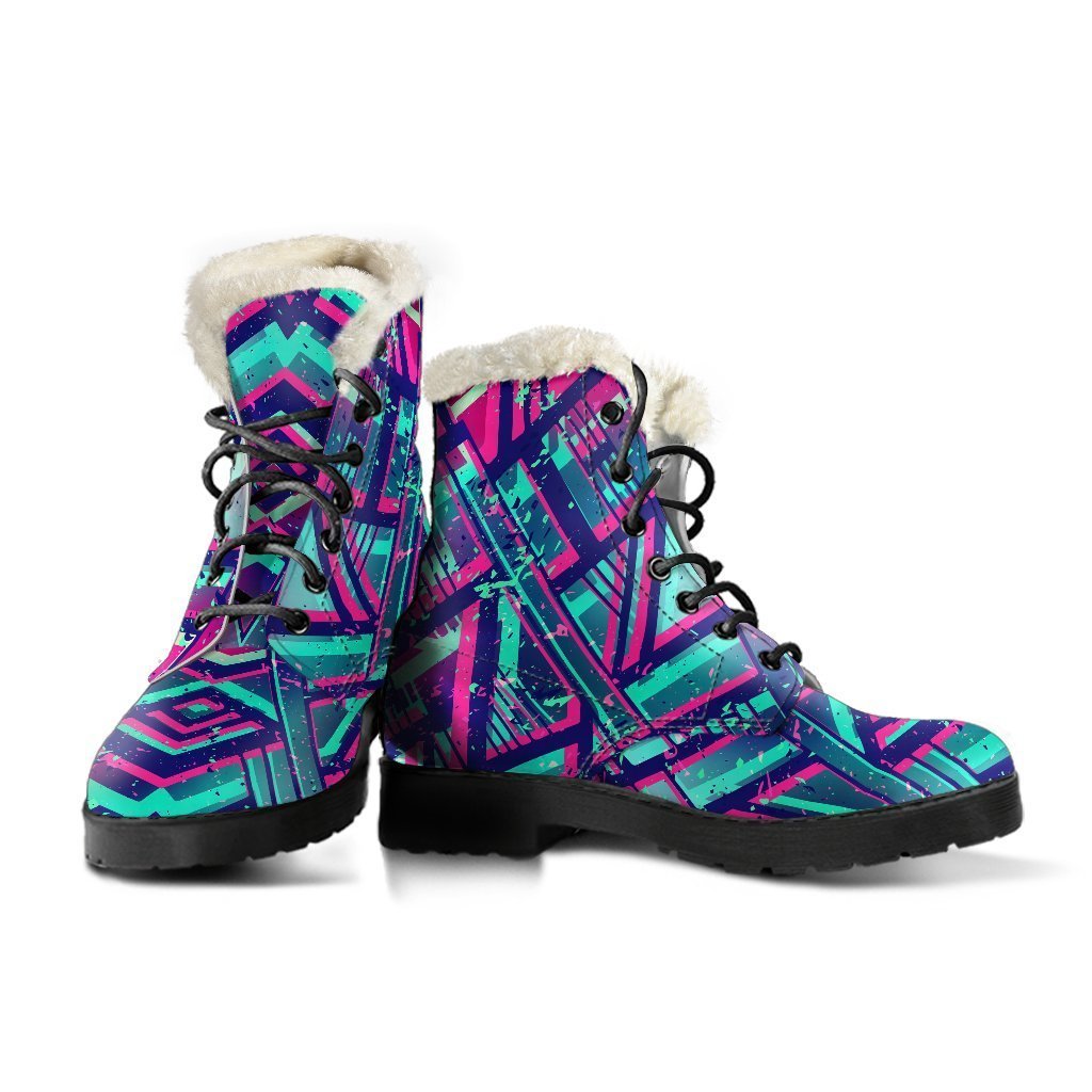 Boho Chic: Neon Ethnic Aztec Trippy Print Faux Fur Leather Boots - 3