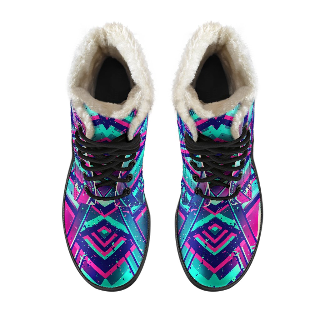 Boho Chic: Neon Ethnic Aztec Trippy Print Faux Fur Leather Boots - 4