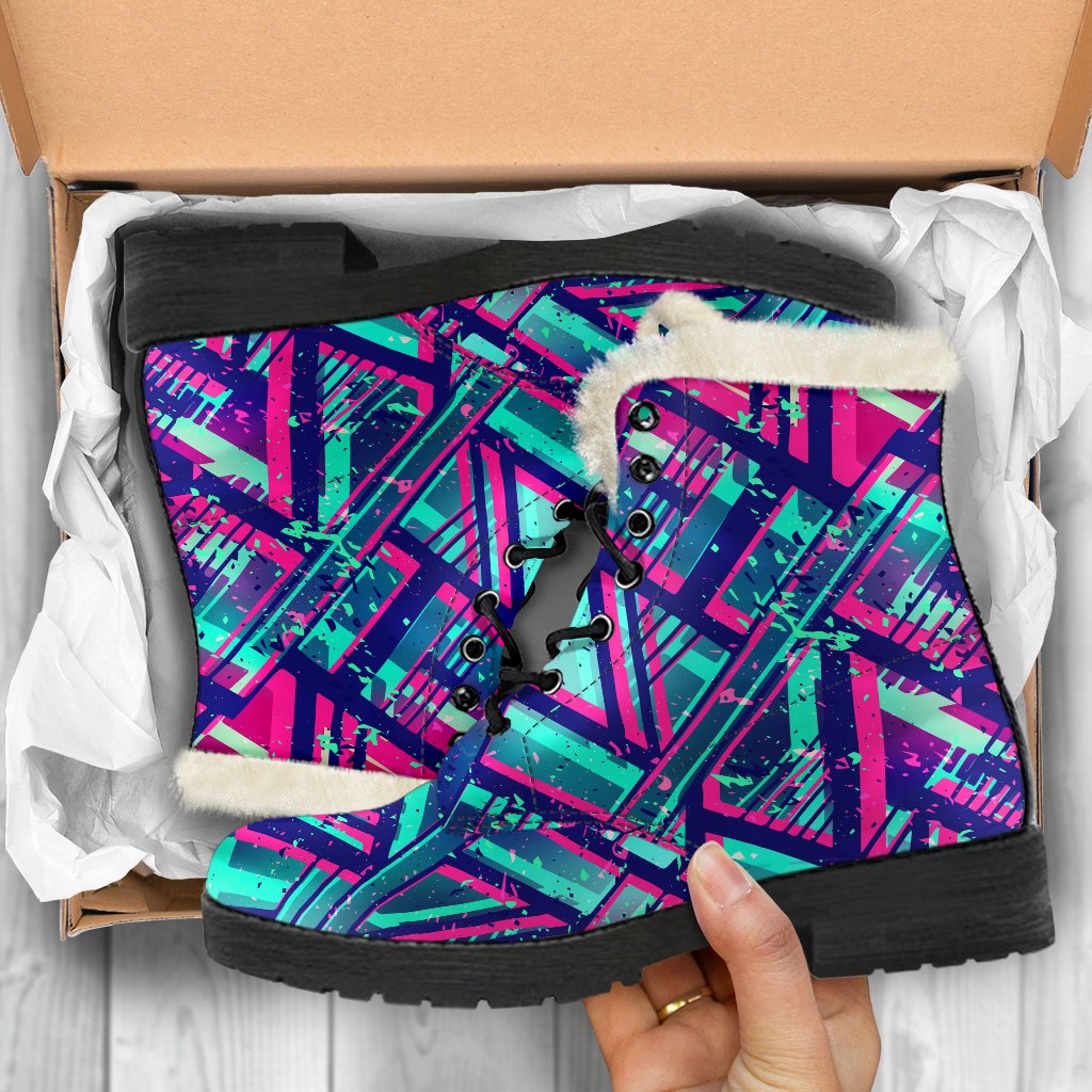 Boho Chic: Neon Ethnic Aztec Trippy Print Faux Fur Leather Boots - 5