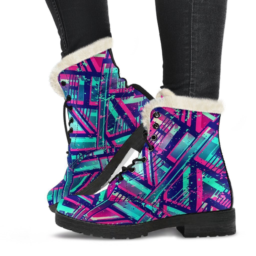 Boho Chic: Neon Ethnic Aztec Trippy Print Faux Fur Leather Boots - 1