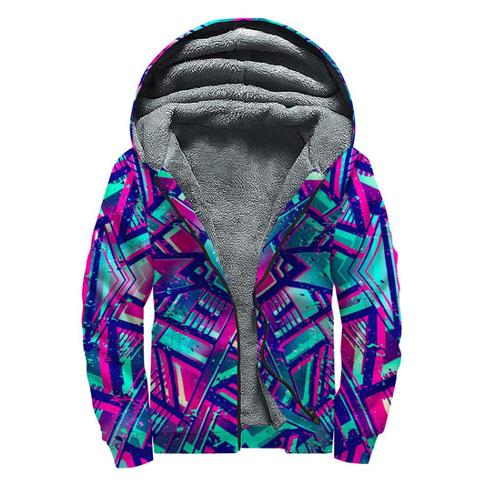 Neon Ethnic Aztec Trippy Print Sherpa Lined Hippie Zip Up Hoodie - 1