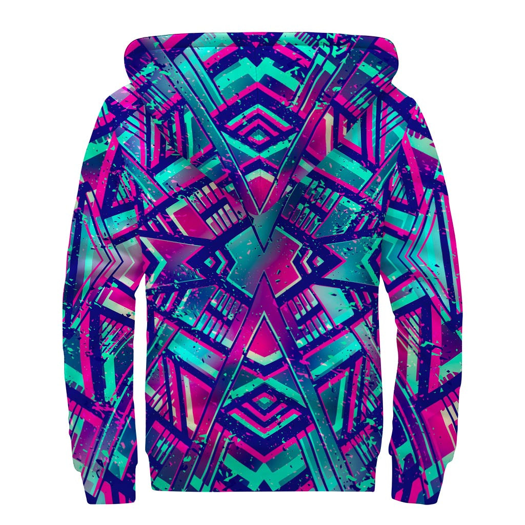 Neon Ethnic Aztec Trippy Print Sherpa Lined Hippie Zip Up Hoodie - 2