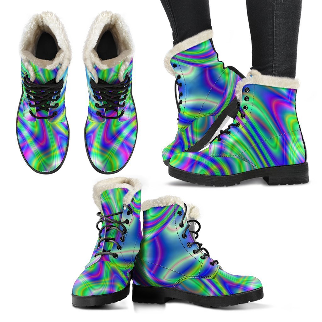 Neon Green Psychedelic Trippy Faux Fur Leather Boots for the Groovy Hippies - 2