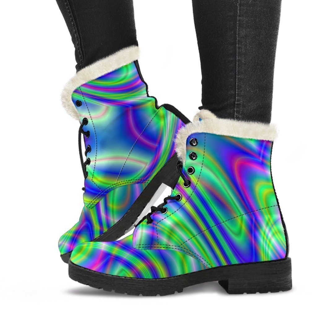 Neon Green Psychedelic Trippy Faux Fur Leather Boots for the Groovy Hippies - 1