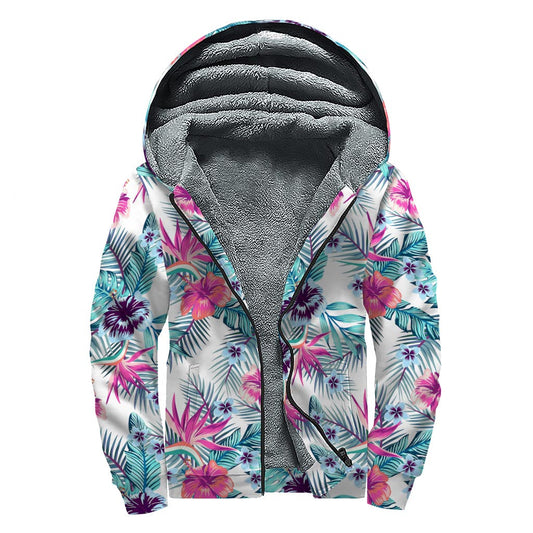 Neon Hibiscus Tropical Print Sherpa-Lined Zip Up Hoodie: Embrace Your Inner Hippie Style - 1