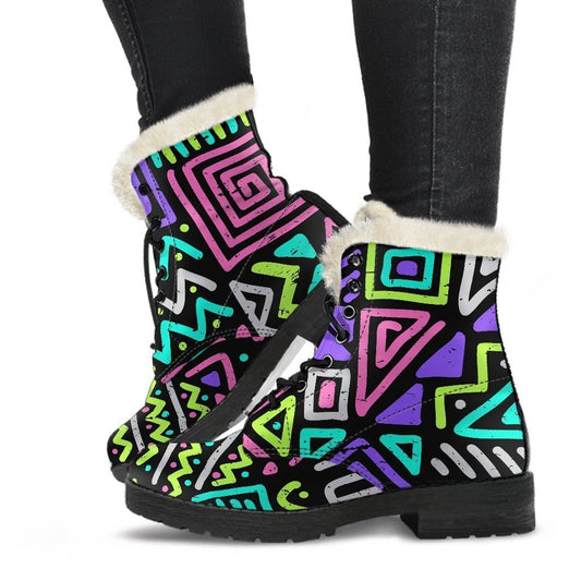 Neon Native Aztec Faux Fur Leather Boots for the Modern Hippie - 1