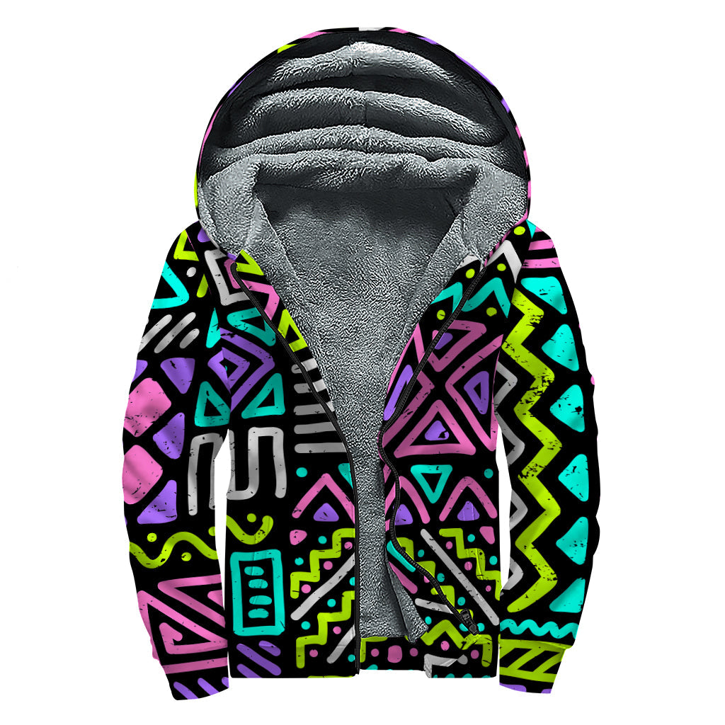 Neon Native Aztec Pattern Sherpa Lined Zip Up Hoodie - 1