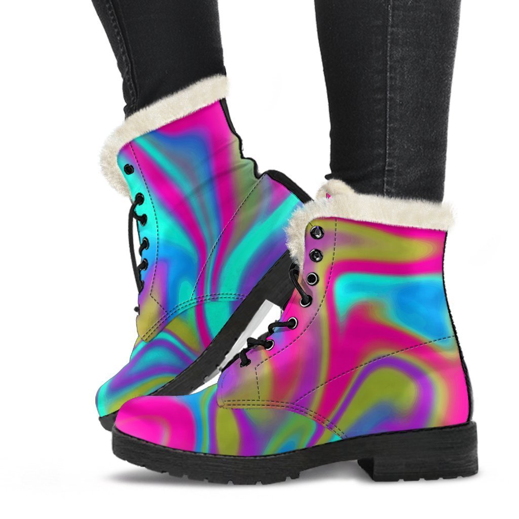 Neon Psychedelic Trippy Faux Fur Leather Boots for Modern Hippies - 1