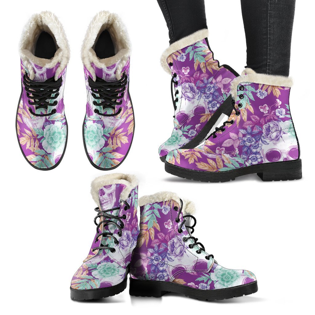 Neon Skull Floral Pattern Faux Fur Leather Boots for Groovy Hippies - 2