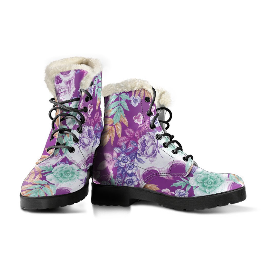 Neon Skull Floral Pattern Faux Fur Leather Boots for Groovy Hippies - 3