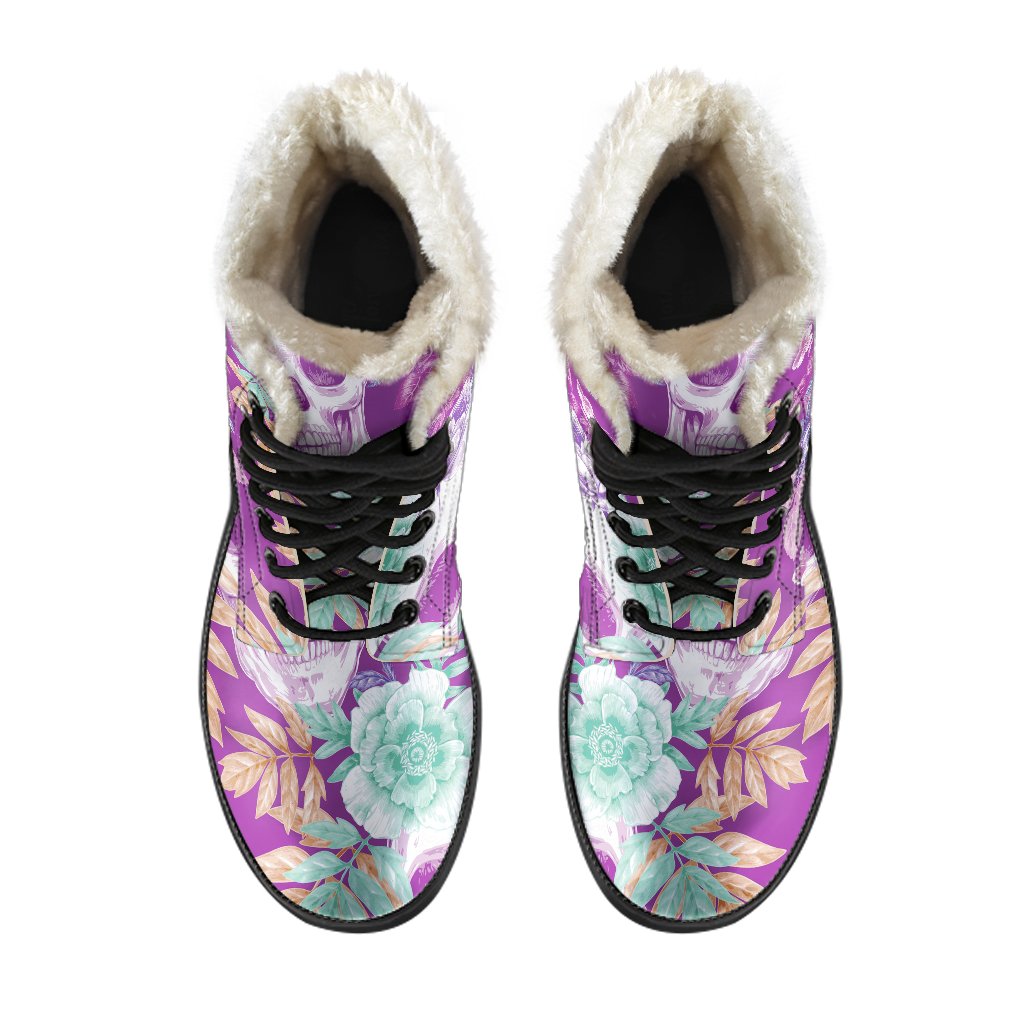 Neon Skull Floral Pattern Faux Fur Leather Boots for Groovy Hippies - 4