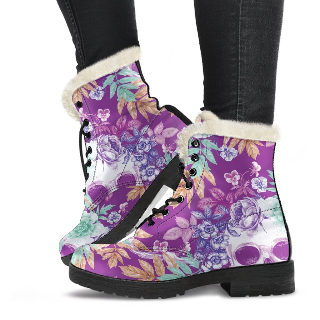 Neon Skull Floral Pattern Faux Fur Leather Boots for Groovy Hippies - 1