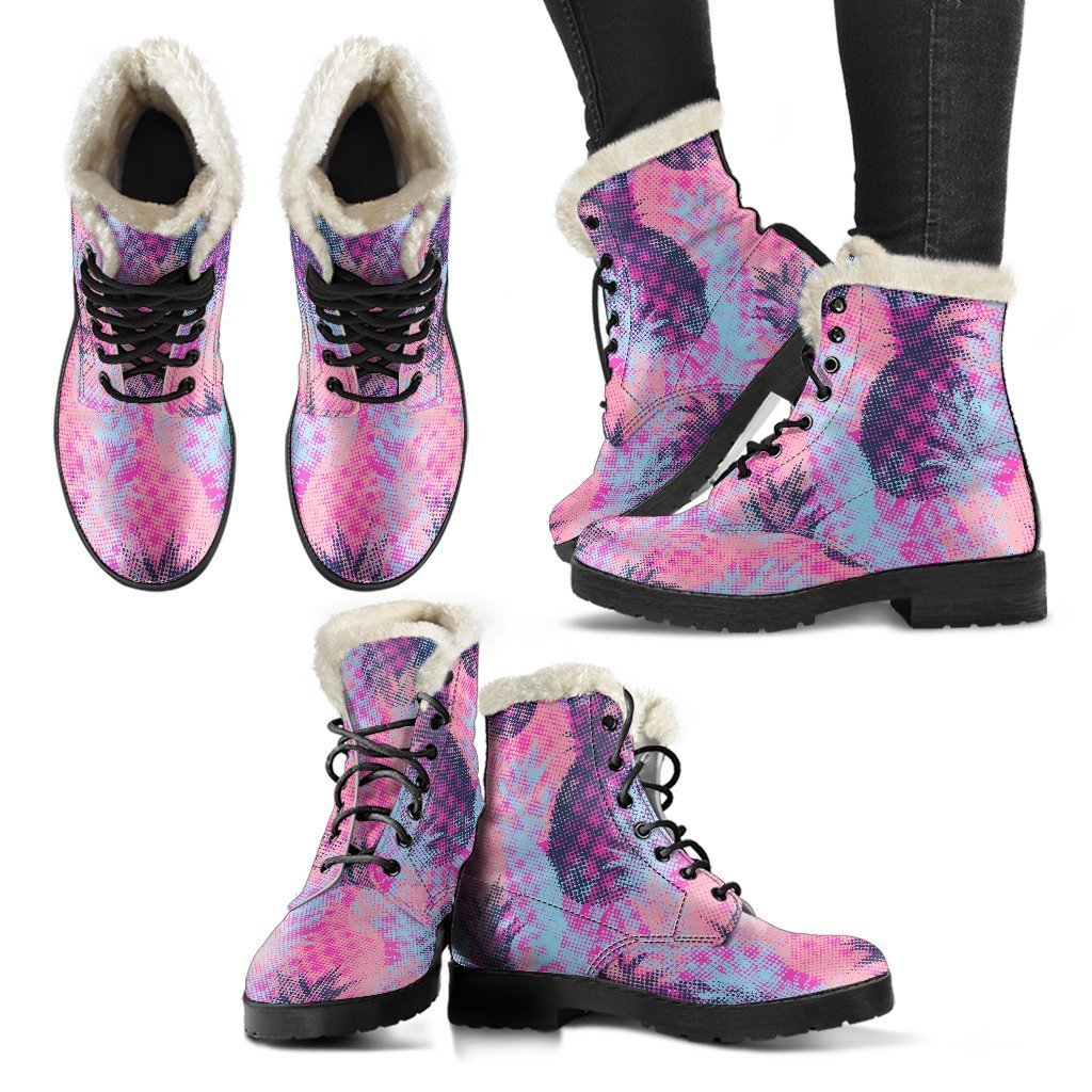 Neon Trippy Pineapple Faux Fur Leather Hippie Boots - 2