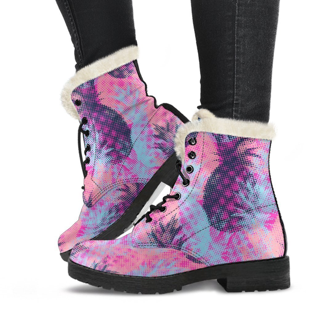 Neon Trippy Pineapple Faux Fur Leather Hippie Boots - 1