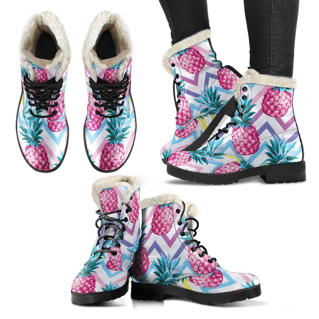 Groovy Vibes: Neon Zig-Zag Pineapple Pattern Faux Fur Leather Boots for the Modern Hippie - 2