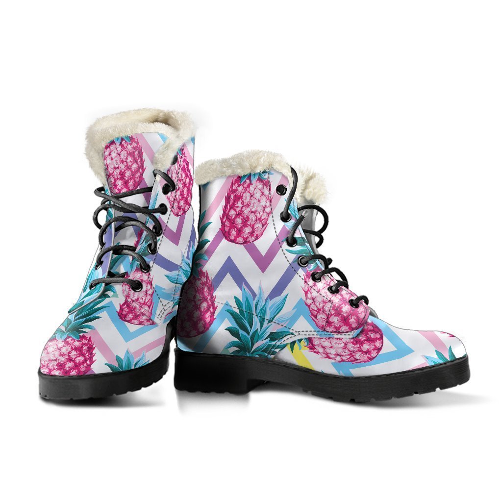 Groovy Vibes: Neon Zig-Zag Pineapple Pattern Faux Fur Leather Boots for the Modern Hippie - 3