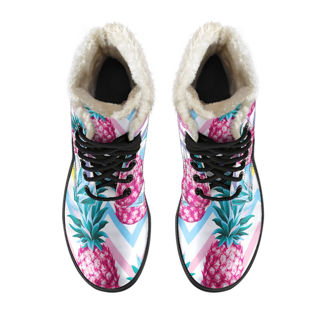 Groovy Vibes: Neon Zig-Zag Pineapple Pattern Faux Fur Leather Boots for the Modern Hippie - 4