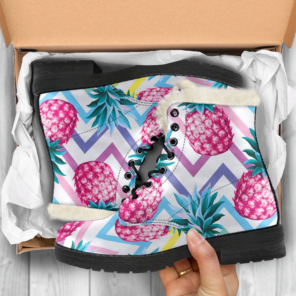 Groovy Vibes: Neon Zig-Zag Pineapple Pattern Faux Fur Leather Boots for the Modern Hippie - 5