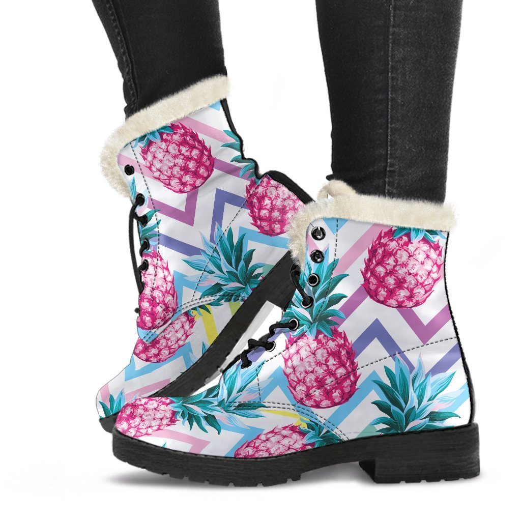 Groovy Vibes: Neon Zig-Zag Pineapple Pattern Faux Fur Leather Boots for the Modern Hippie - 1