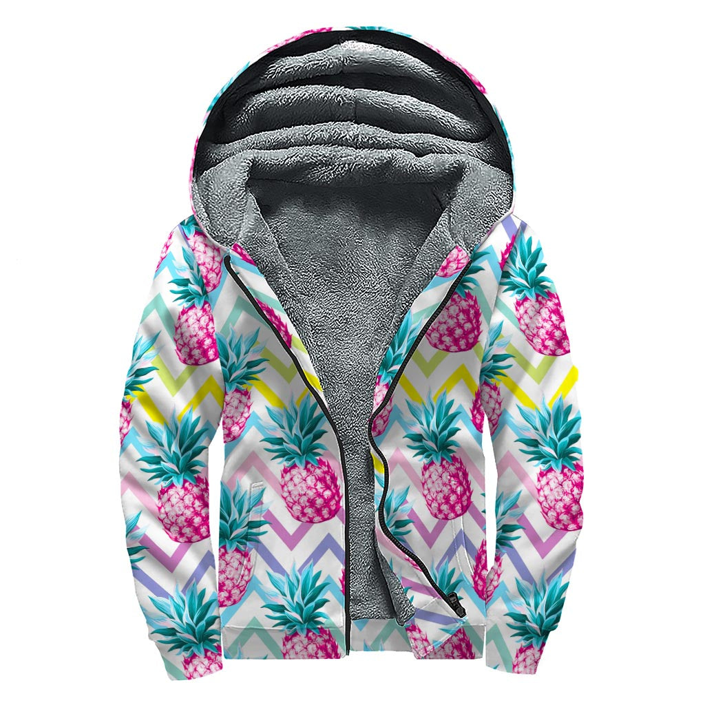 Neon Zig-Zag Pineapple Sherpa Lined Zip Up Hoodie: Embrace Your Inner Hippie Style - 1