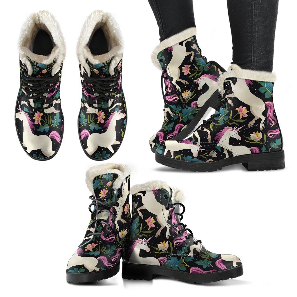 Night Floral Unicorn Pattern Print Faux Fur Leather Boots for the Groovy Hippie - 2