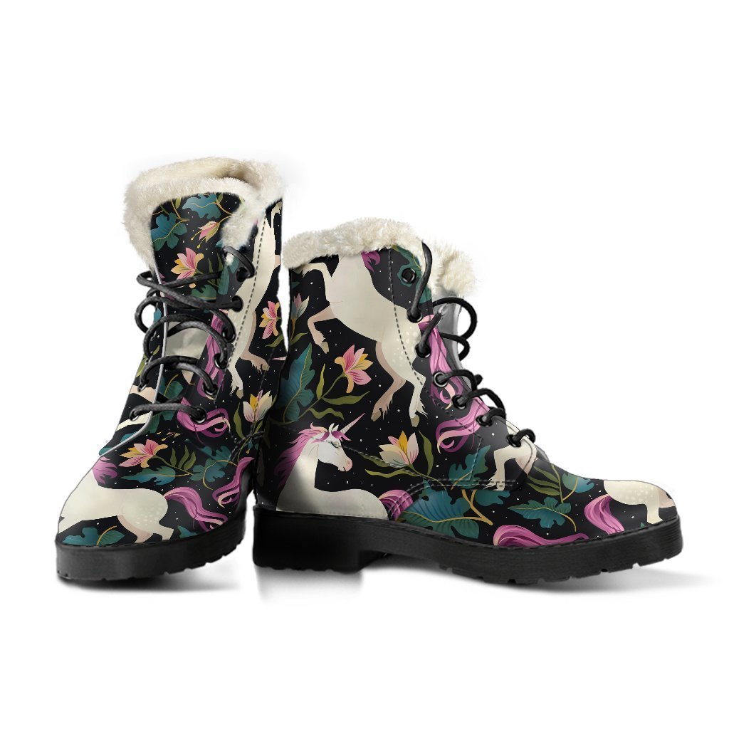 Night Floral Unicorn Pattern Print Faux Fur Leather Boots for the Groovy Hippie - 3