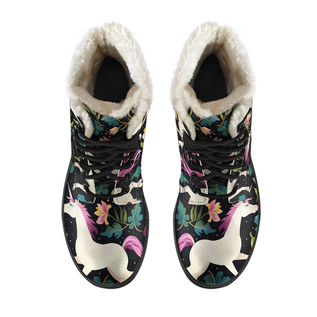 Night Floral Unicorn Pattern Print Faux Fur Leather Boots for the Groovy Hippie - 4