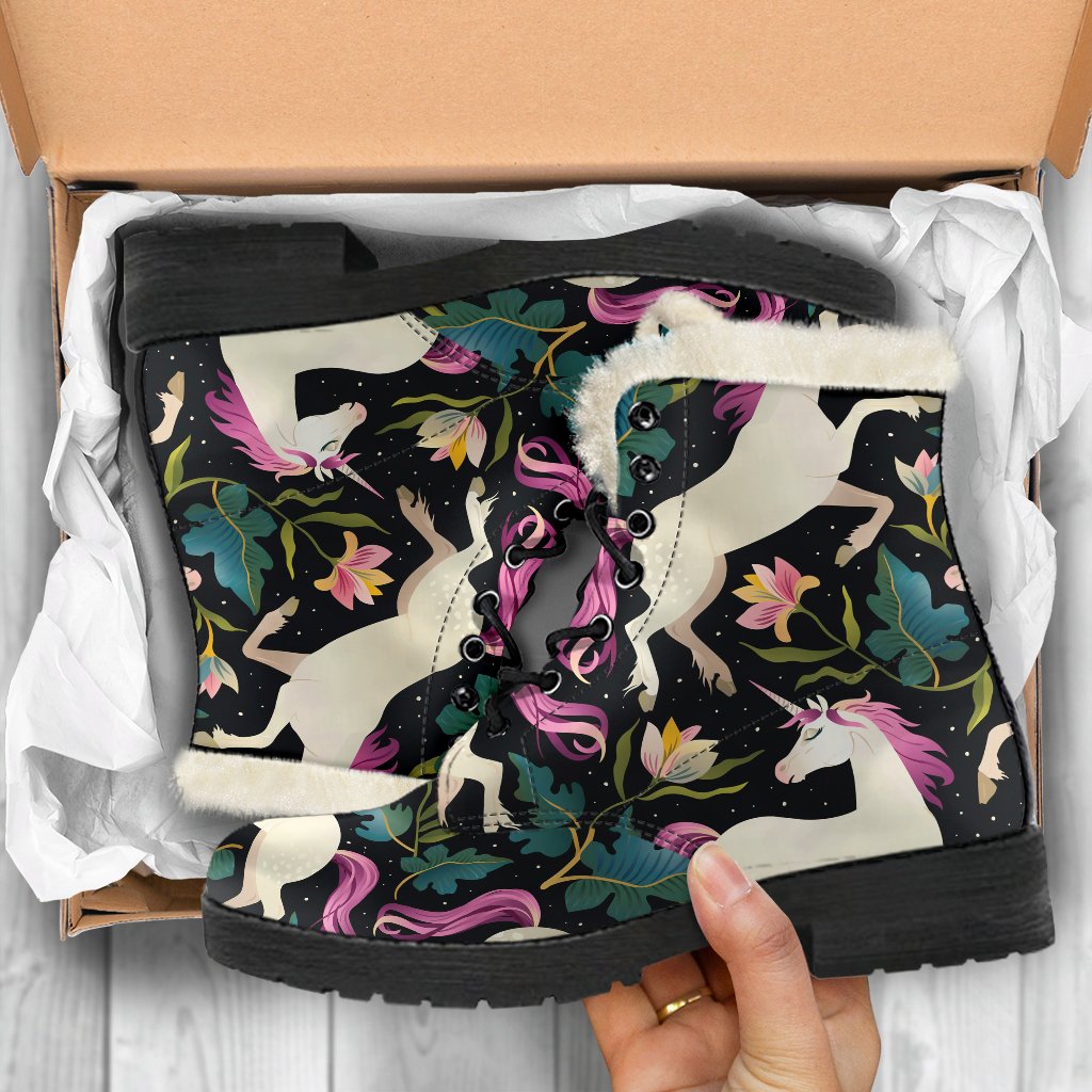 Night Floral Unicorn Pattern Print Faux Fur Leather Boots for the Groovy Hippie - 5