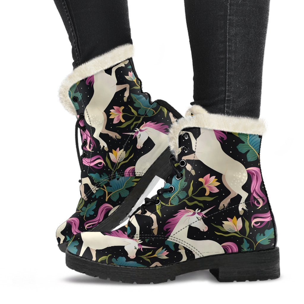 Night Floral Unicorn Pattern Print Faux Fur Leather Boots for the Groovy Hippie - 1