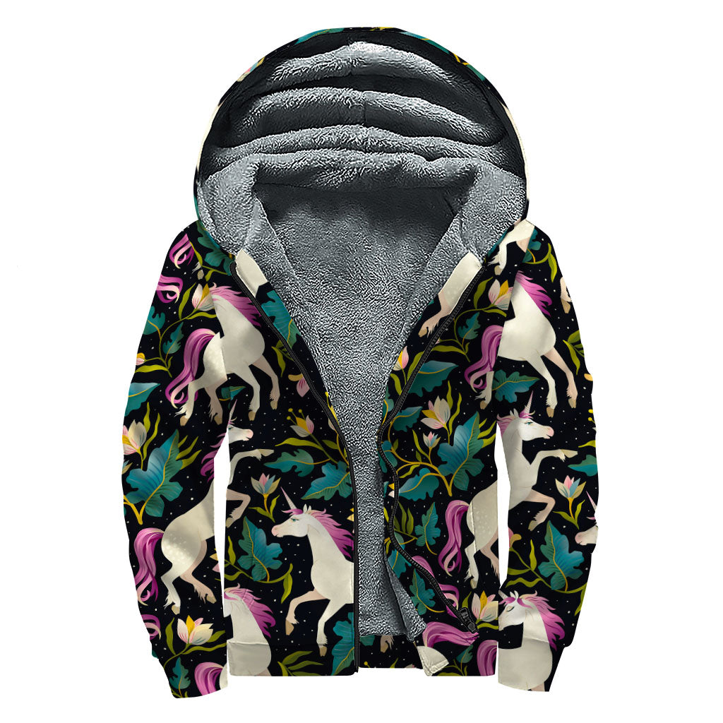 Night Floral Unicorn Pattern Print Sherpa Lined Zip Up Hoodie: Embrace Your Inner Hippie Style - 1