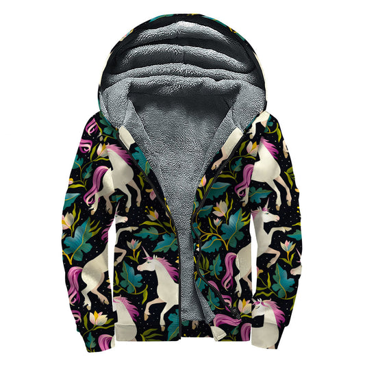 Night Floral Unicorn Pattern Print Sherpa Lined Zip Up Hoodie: Embrace Your Inner Hippie Style - 1