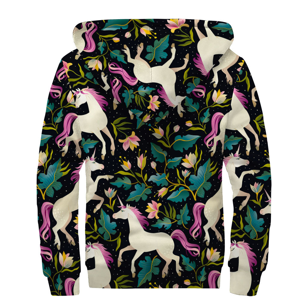 Night Floral Unicorn Pattern Print Sherpa Lined Zip Up Hoodie: Embrace Your Inner Hippie Style - 2