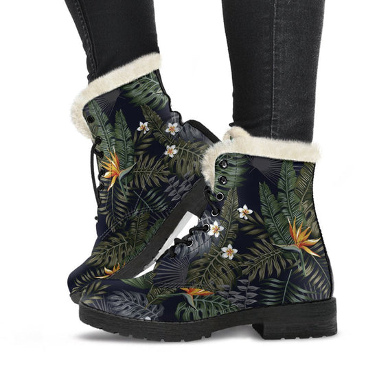 Night Tropical Hawaii Vibe Faux Fur Leather Boots for Groovy Hippies - 1