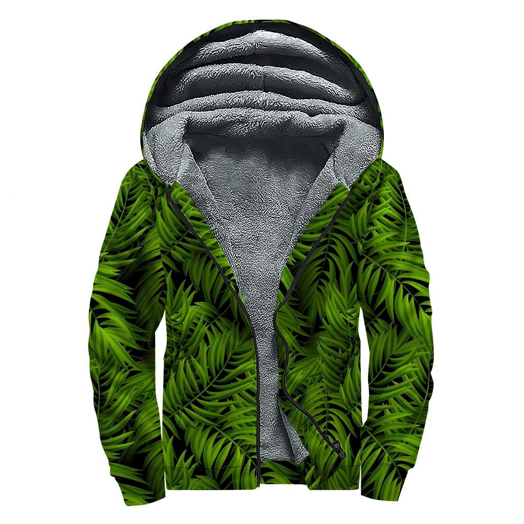 Night Tropical Palm Leaf Pattern Sherpa-Lined Zip Up Hoodie for Modern Hippies - 1