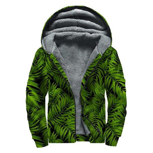 Night Tropical Palm Leaf Pattern Sherpa-Lined Zip Up Hoodie for Modern Hippies - 1