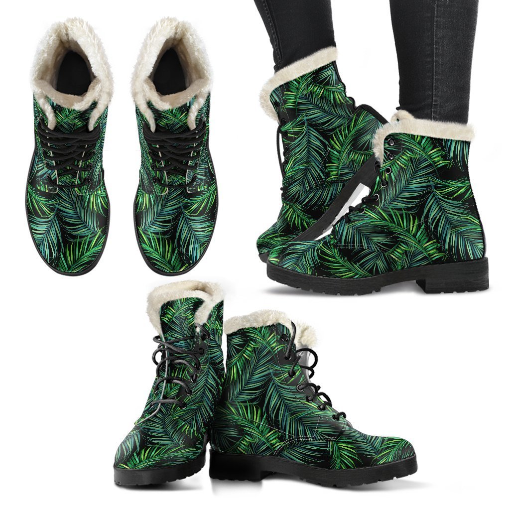 Night Tropical Palm Leaves Faux Fur Leather Boots for Groovy Hippies - 2