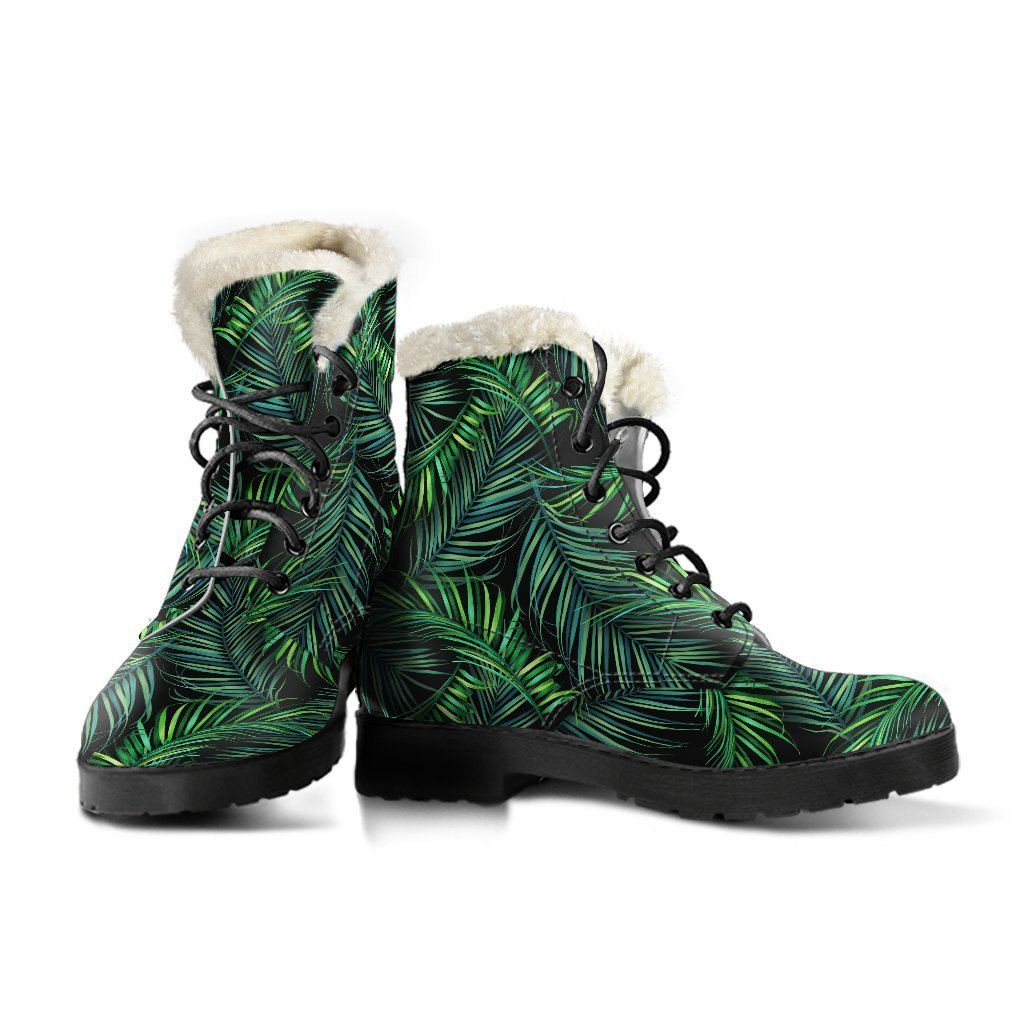 Night Tropical Palm Leaves Faux Fur Leather Boots for Groovy Hippies - 3