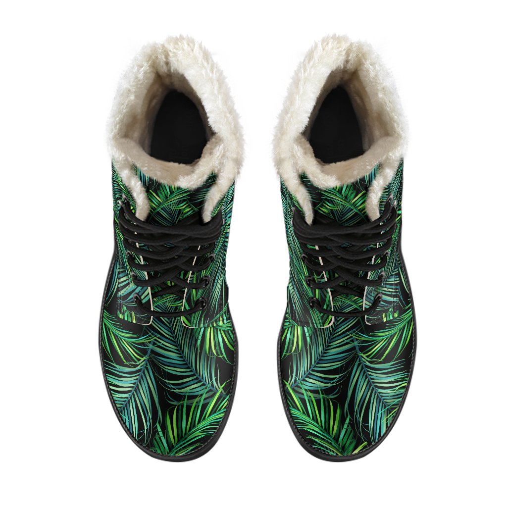 Night Tropical Palm Leaves Faux Fur Leather Boots for Groovy Hippies - 4