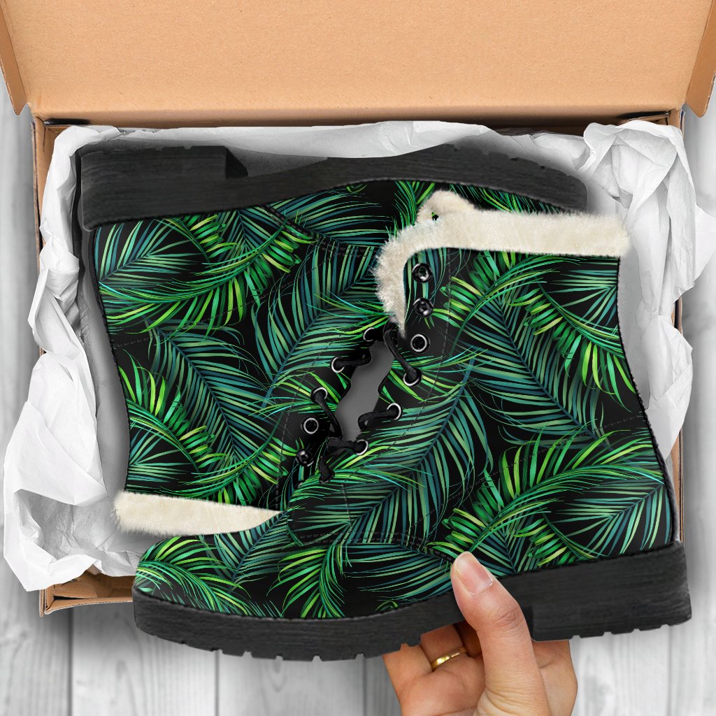 Night Tropical Palm Leaves Faux Fur Leather Boots for Groovy Hippies - 5