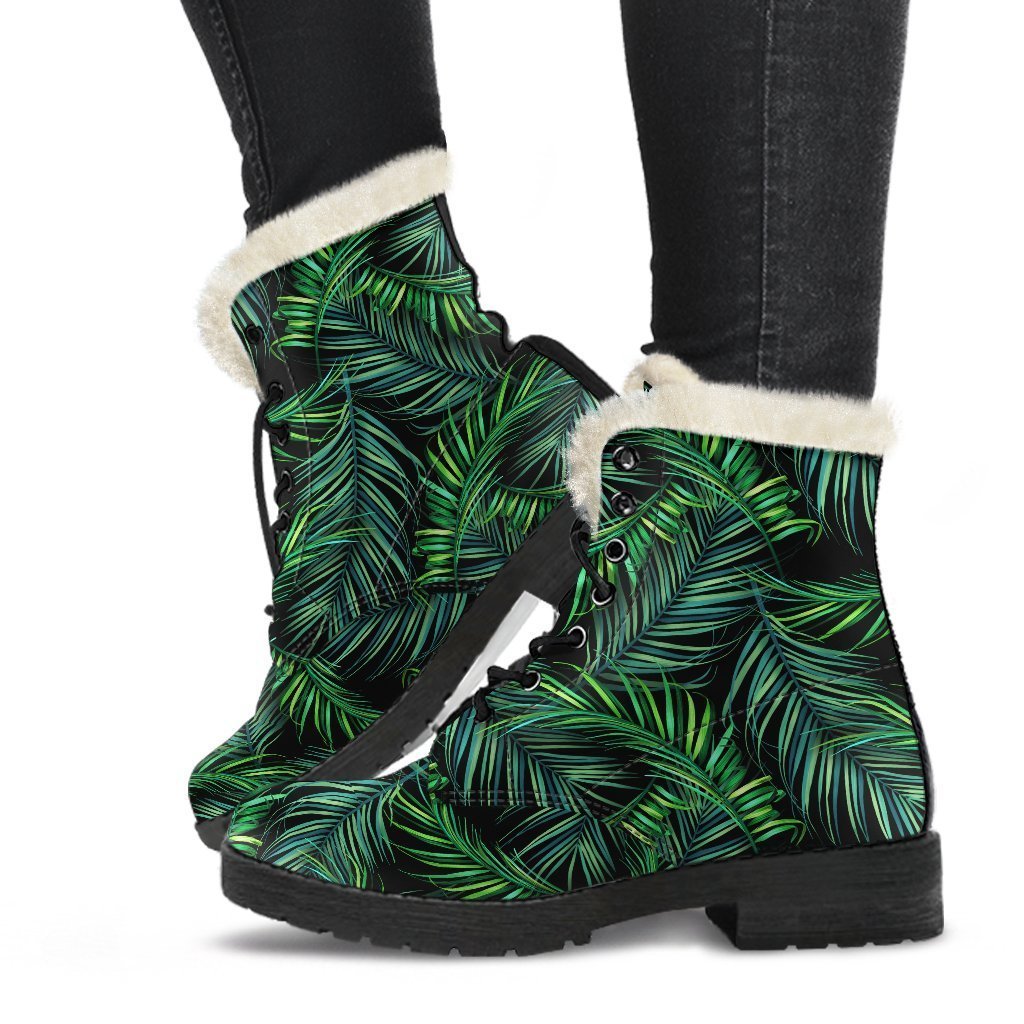 Night Tropical Palm Leaves Faux Fur Leather Boots for Groovy Hippies - 1